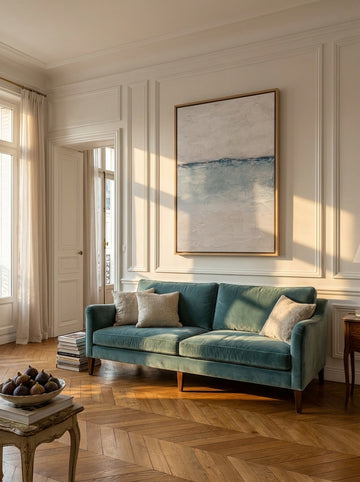 Oversized statement canvas wall art with a natural timber surround styled on the wall in a Parisian living room