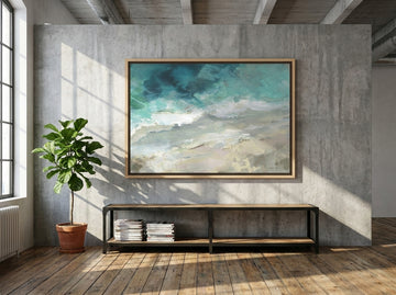 Oversized statement canvas wall art with a natural timber surround styled on the wall in an industrial loft living room