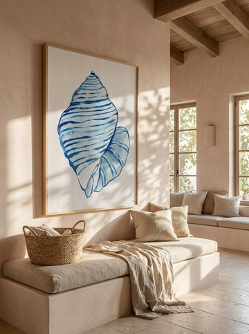 Oversized statement modern wall art print styled on the wall in a Mediterranean living room