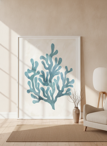 Oversized statement modern wall art print leaning against the wall in a warm Japandi living room