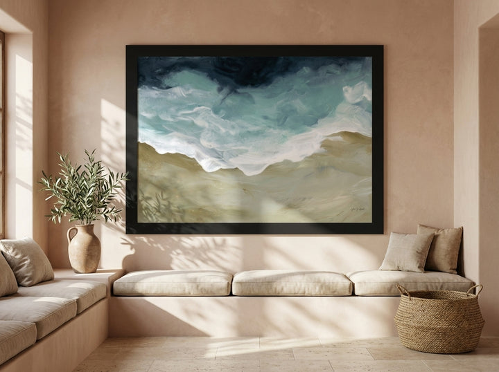 Oversized statement modern wall art print styled on the wall in a Mediterranean living room