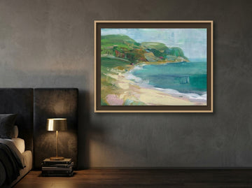 Canvas wall art with a natural timber surround styled on the wall in a moody bedroom