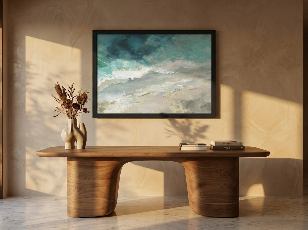 Modern wall art print styled on the wall in a luxe home office