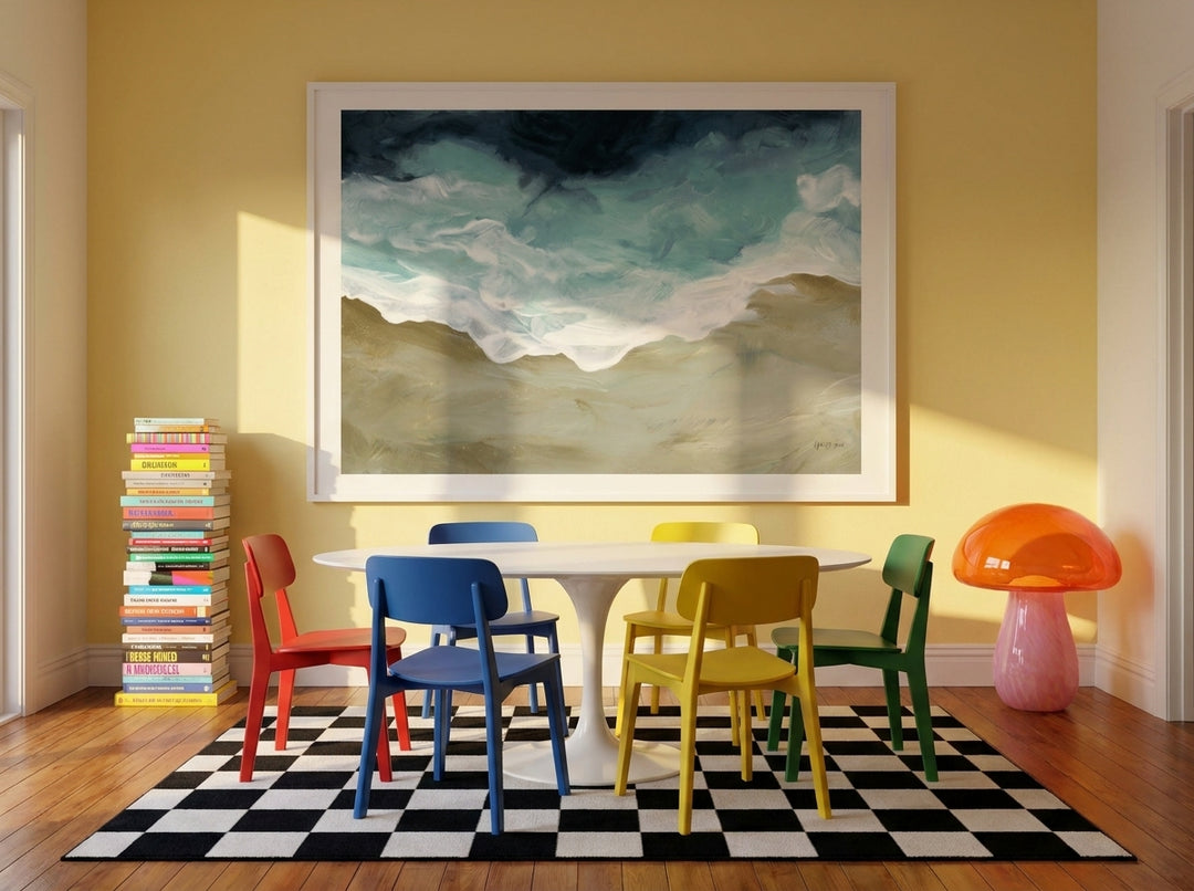 Oversized statement modern wall art print styled on the wall in a colourful eclectic dining room