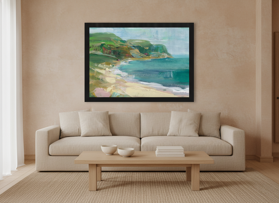 Oversized statement modern wall art print styled on the wall in a warm Japandi living room
