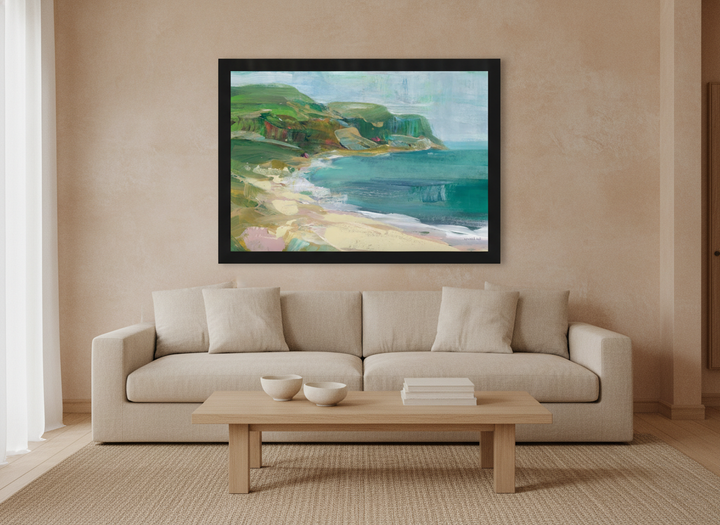 Oversized statement modern wall art print styled on the wall in a warm Japandi living room