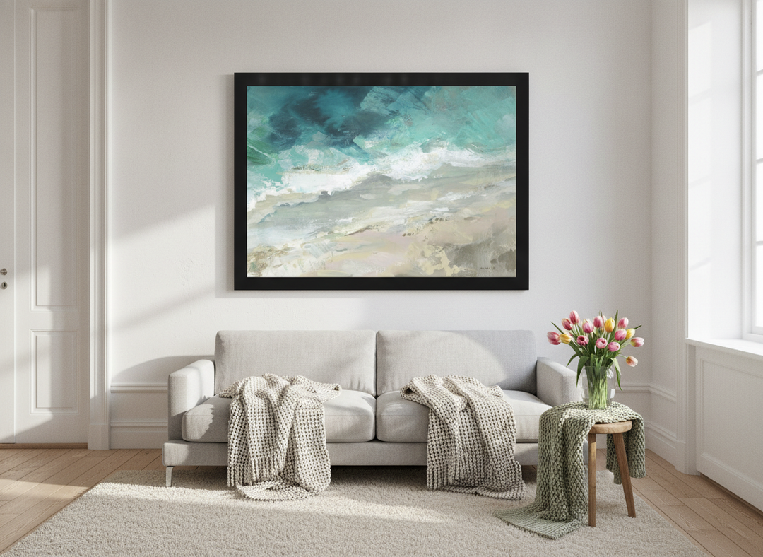 Oversized statement modern wall art print styled on the wall in a bright Scandinavian living room