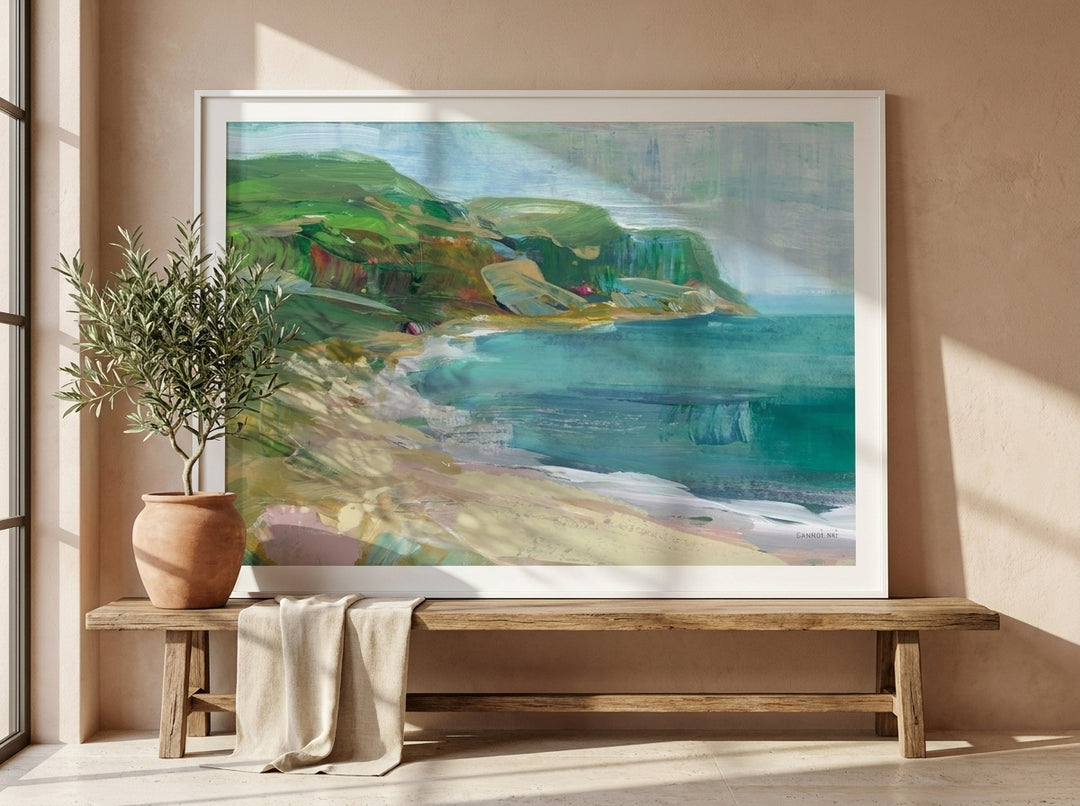 Modern wall art print standing on a bench in a Mediterranean bedroom