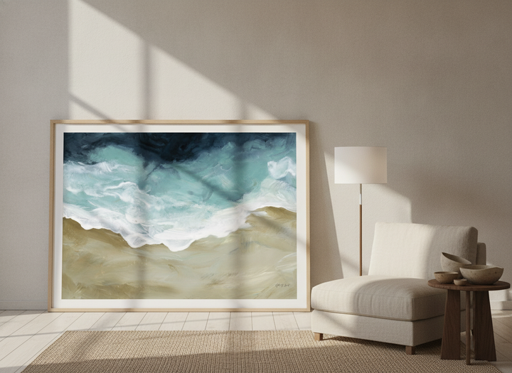 Modern wall art print leaning against the wall in a warm Japandi bathroom