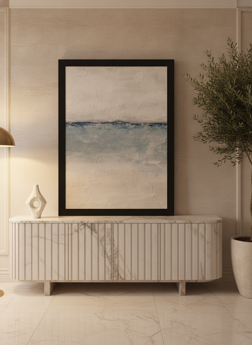 Modern wall art print standing on a sideboard in a luxe home office