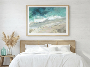 Modern wall art print styled on the wall in a coastal bedroom