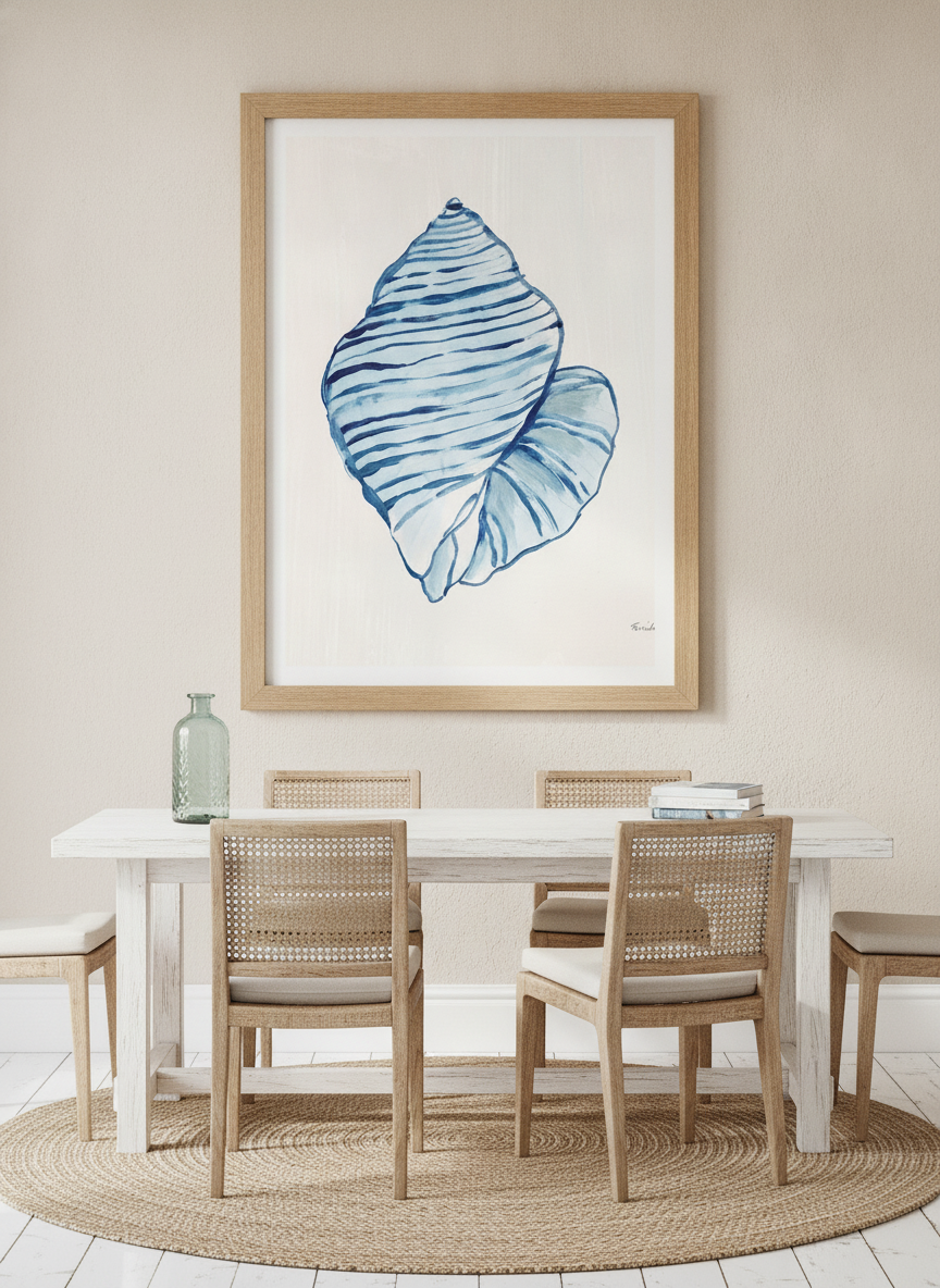 Modern wall art print styled on the wall in a coastal dining room