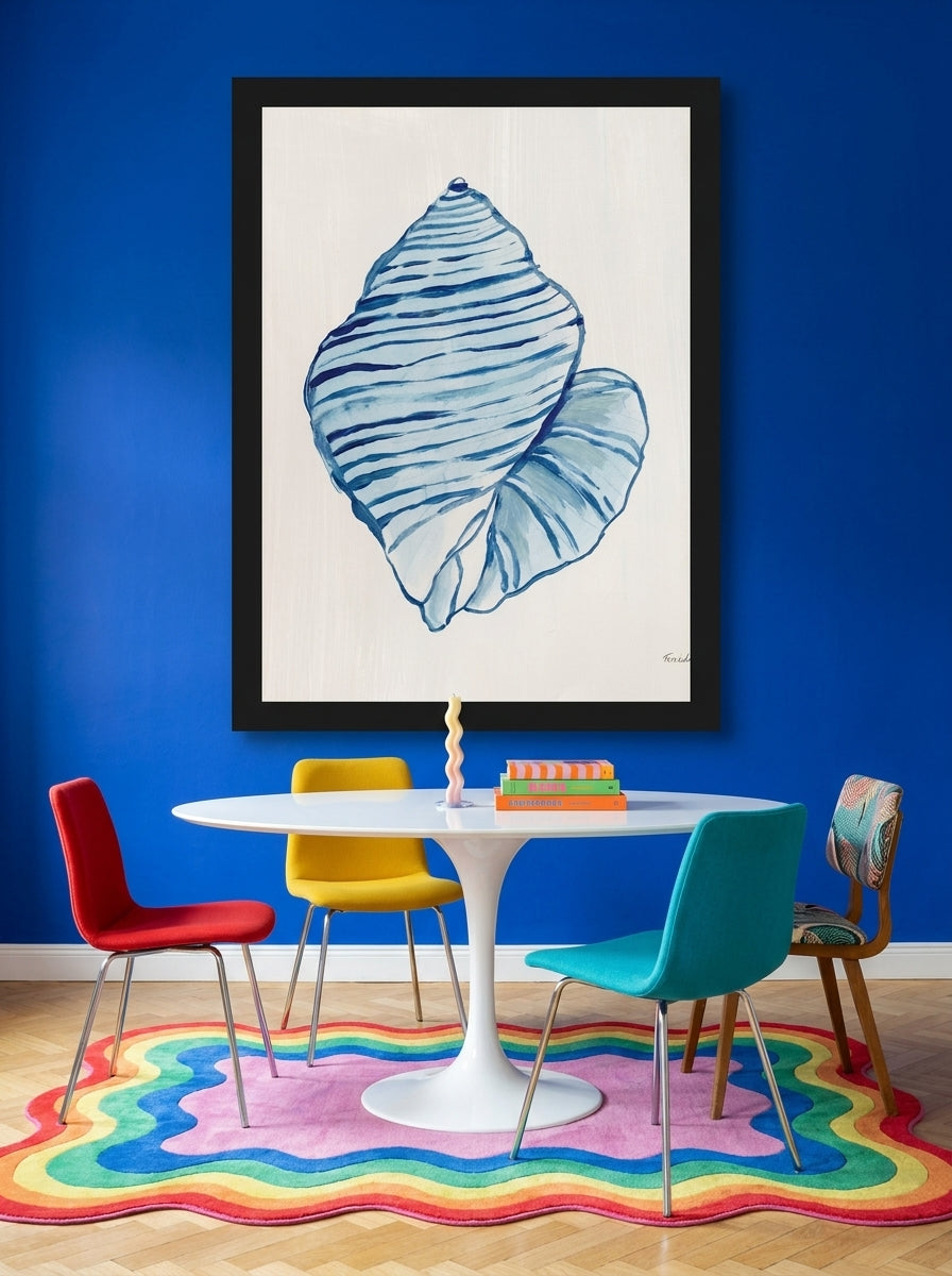 Modern wall art print styled on the wall in a colourful eclectic dining room