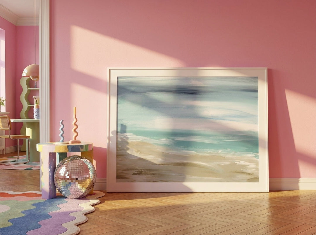 Oversized statement modern wall art print leaning against the wall in a colourful eclectic dining room