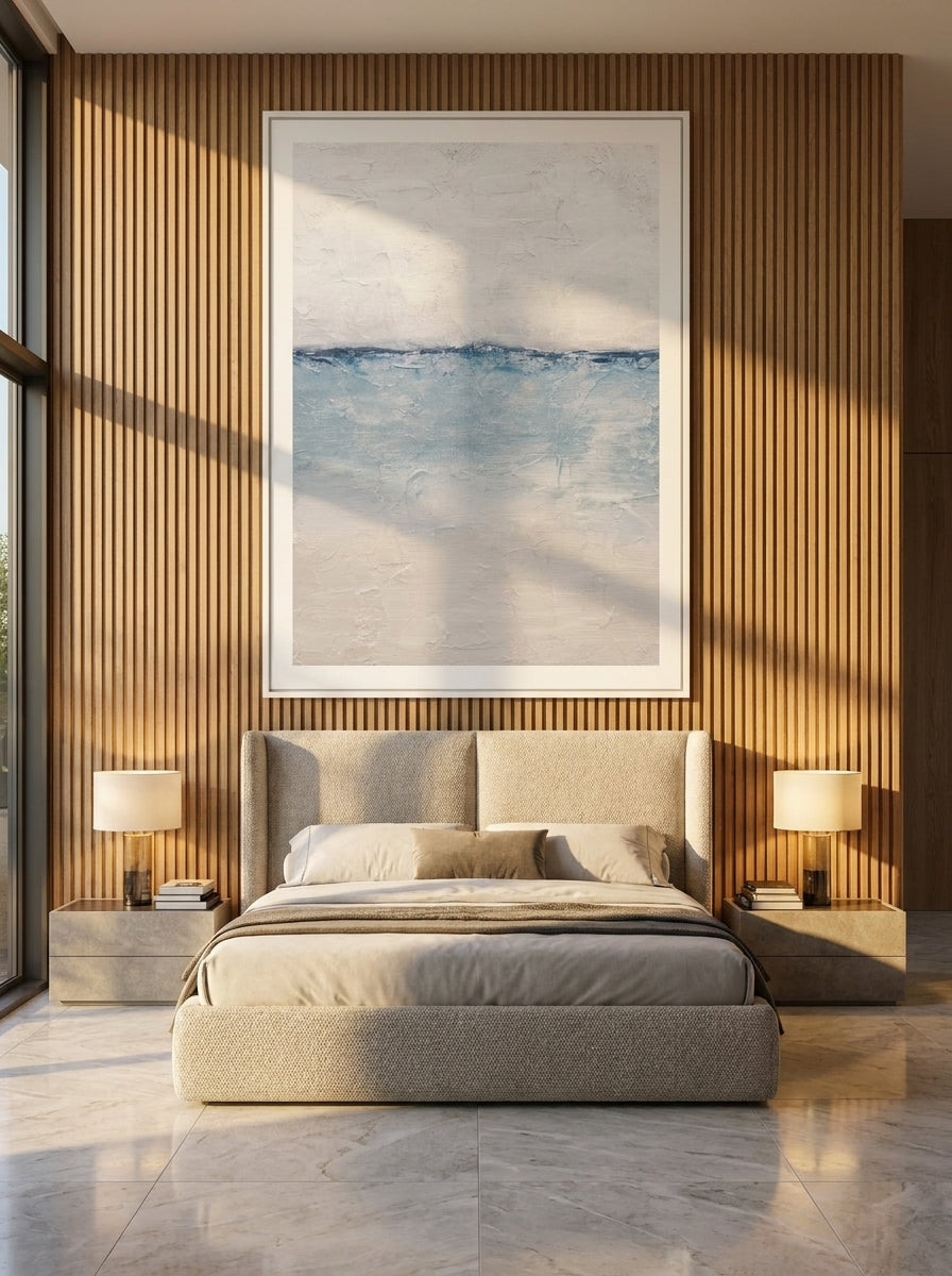 Oversized statement modern wall art print styled on the wall in a luxe bedroom