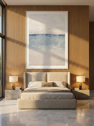 Oversized statement modern wall art print styled on the wall in a luxe bedroom