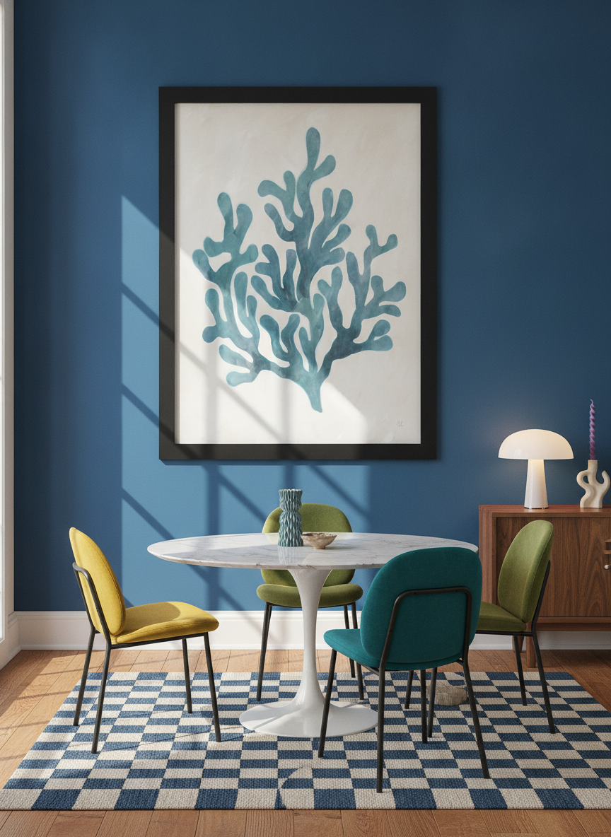 Oversized statement modern wall art print styled on the wall in a colourful eclectic dining room