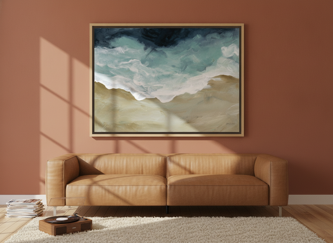 Oversized statement canvas wall art with a natural timber surround styled on the wall in a retro 70s living room