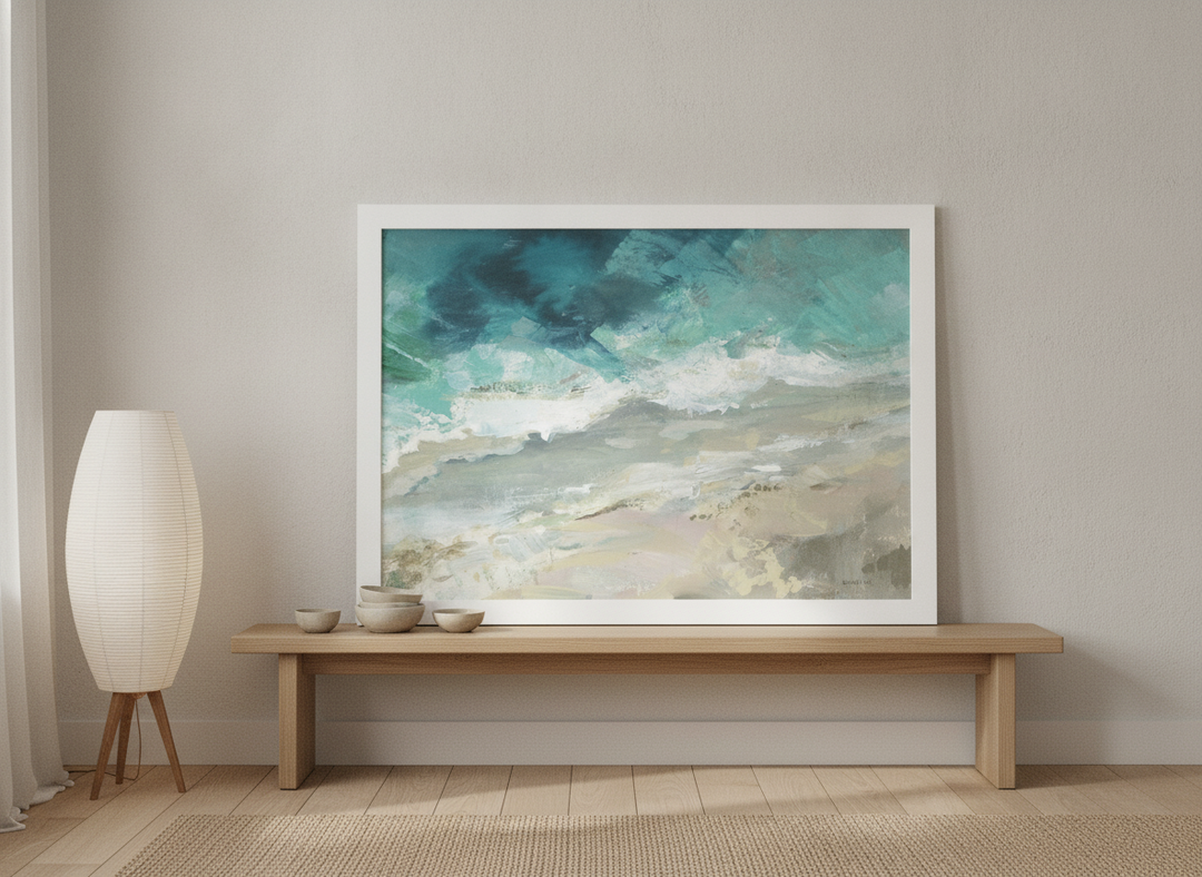 Modern wall art print standing on a bench in a warm Japandi bedroom