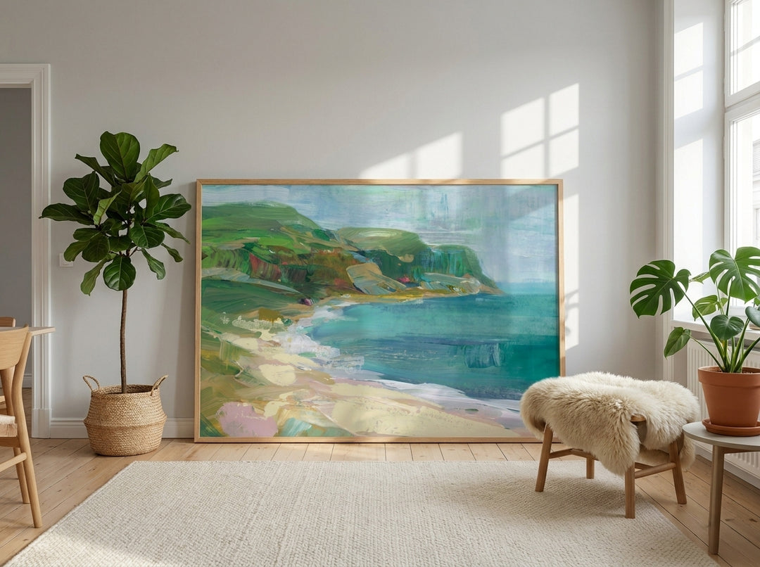 Oversized statement modern wall art print leaning against the wall in a bright Scandinavian dining room