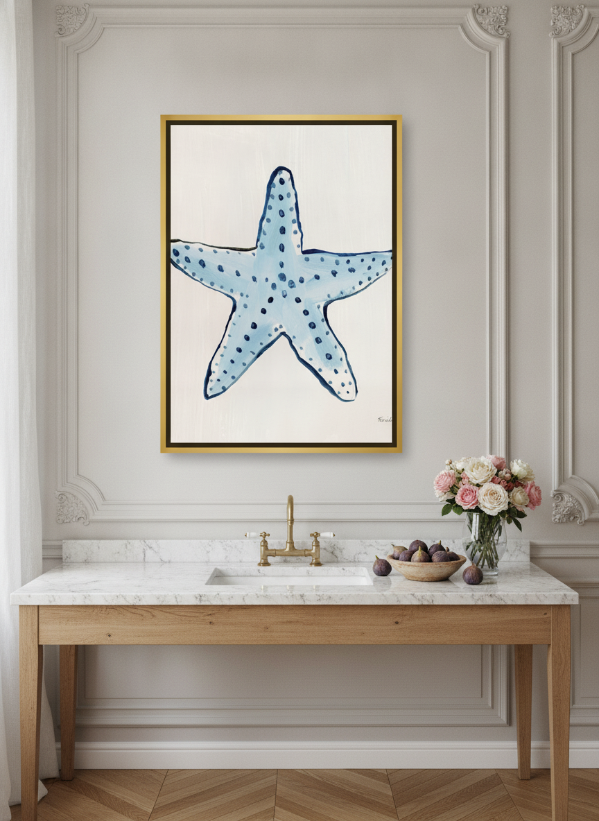 Canvas wall art with a gold leaf surround styled on the wall in a Parisian kitchen