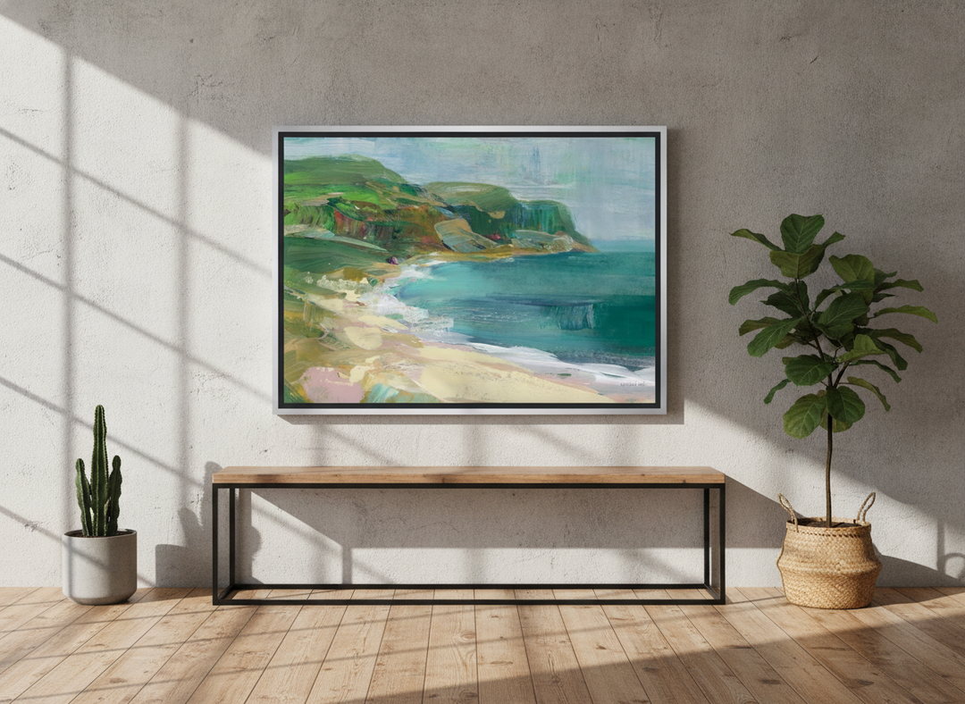 Canvas wall art with a silver leaf surround standing on a console in an industrial loft living room