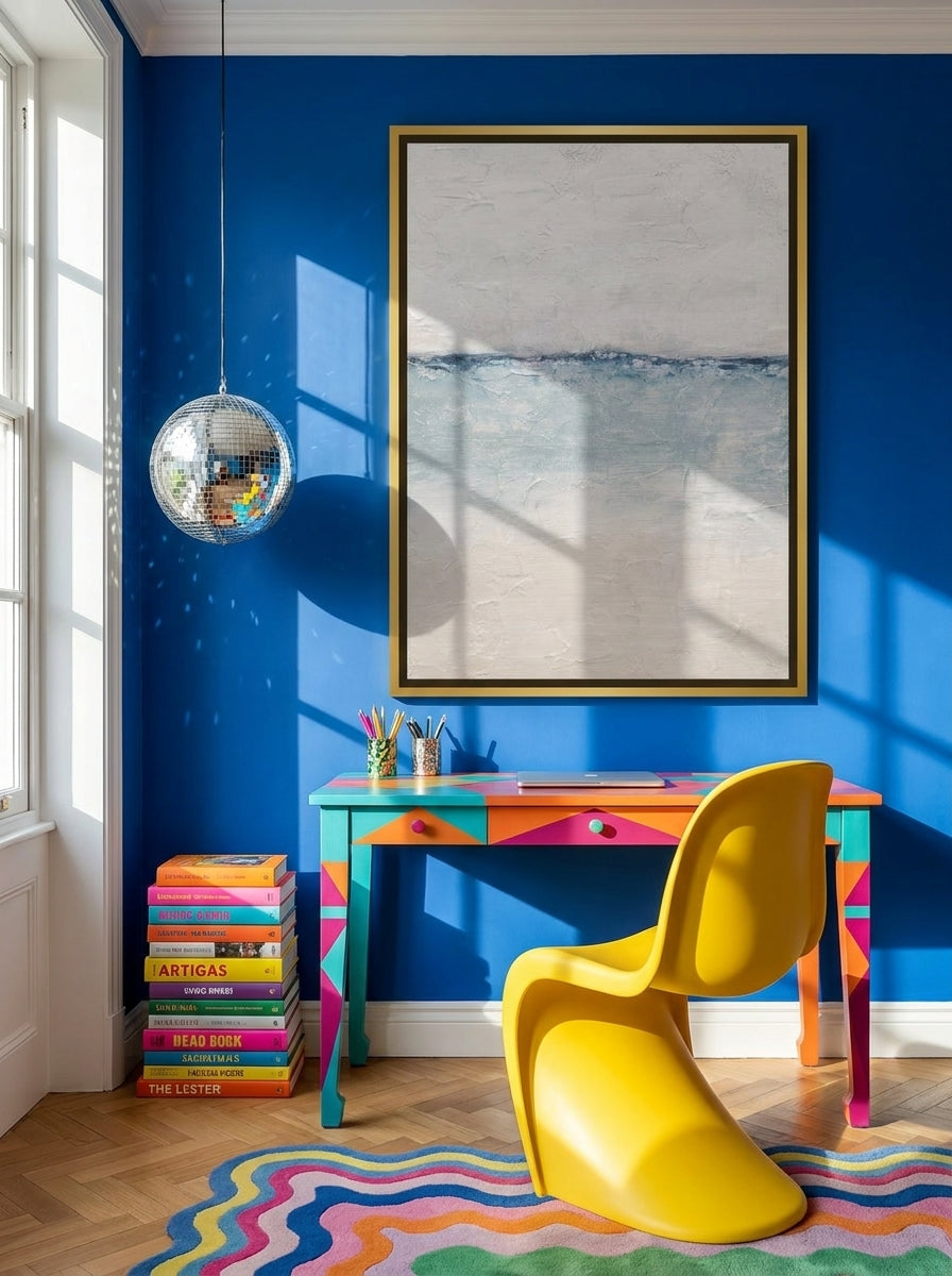 Canvas wall art with a gold leaf surround styled on the wall in a colourful eclectic home office