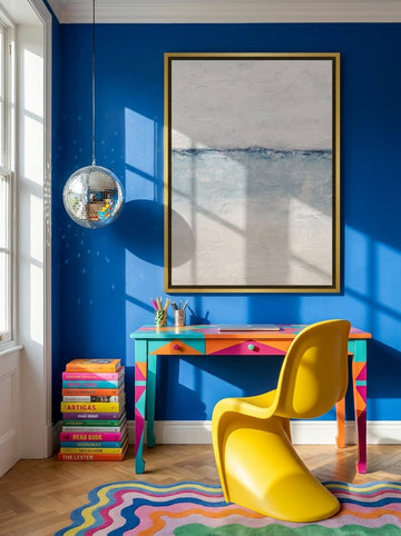 Canvas wall art with a gold leaf surround styled on the wall in a colourful eclectic home office