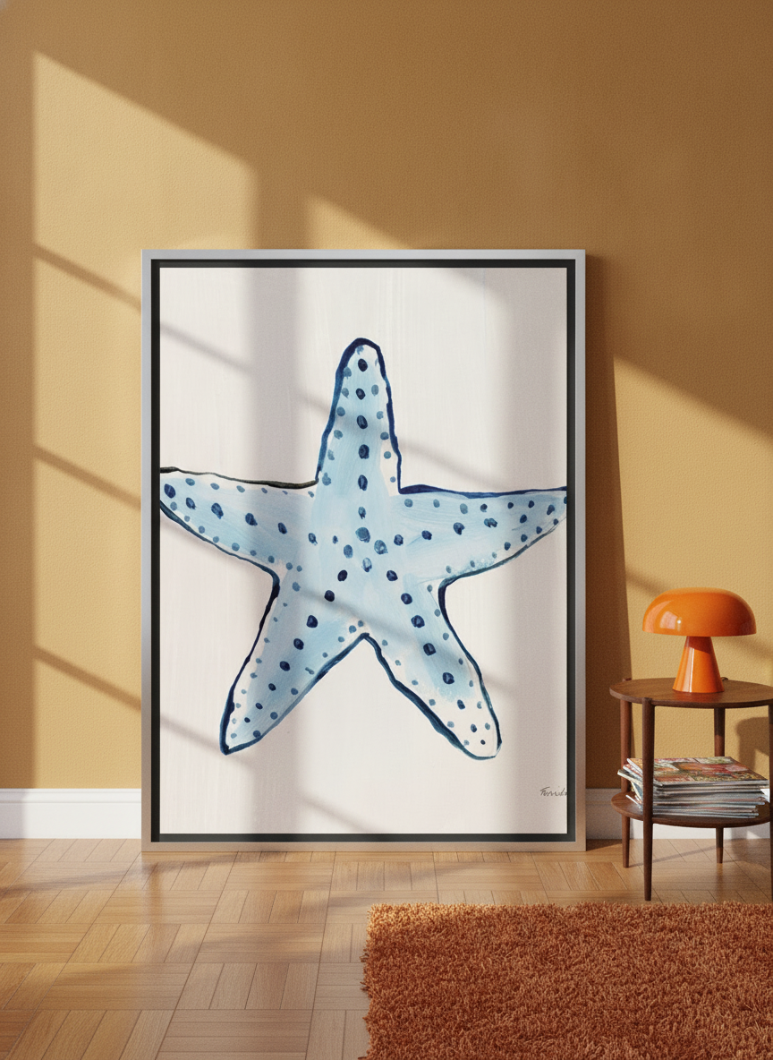 Oversized statement canvas wall art with a silver leaf surround leaning against the wall in a retro 70s dining room