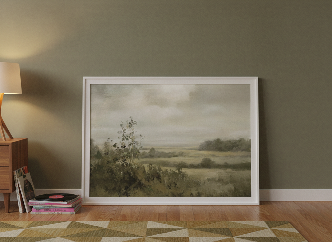 Modern wall art print leaning against the wall in a mid-century bedroom