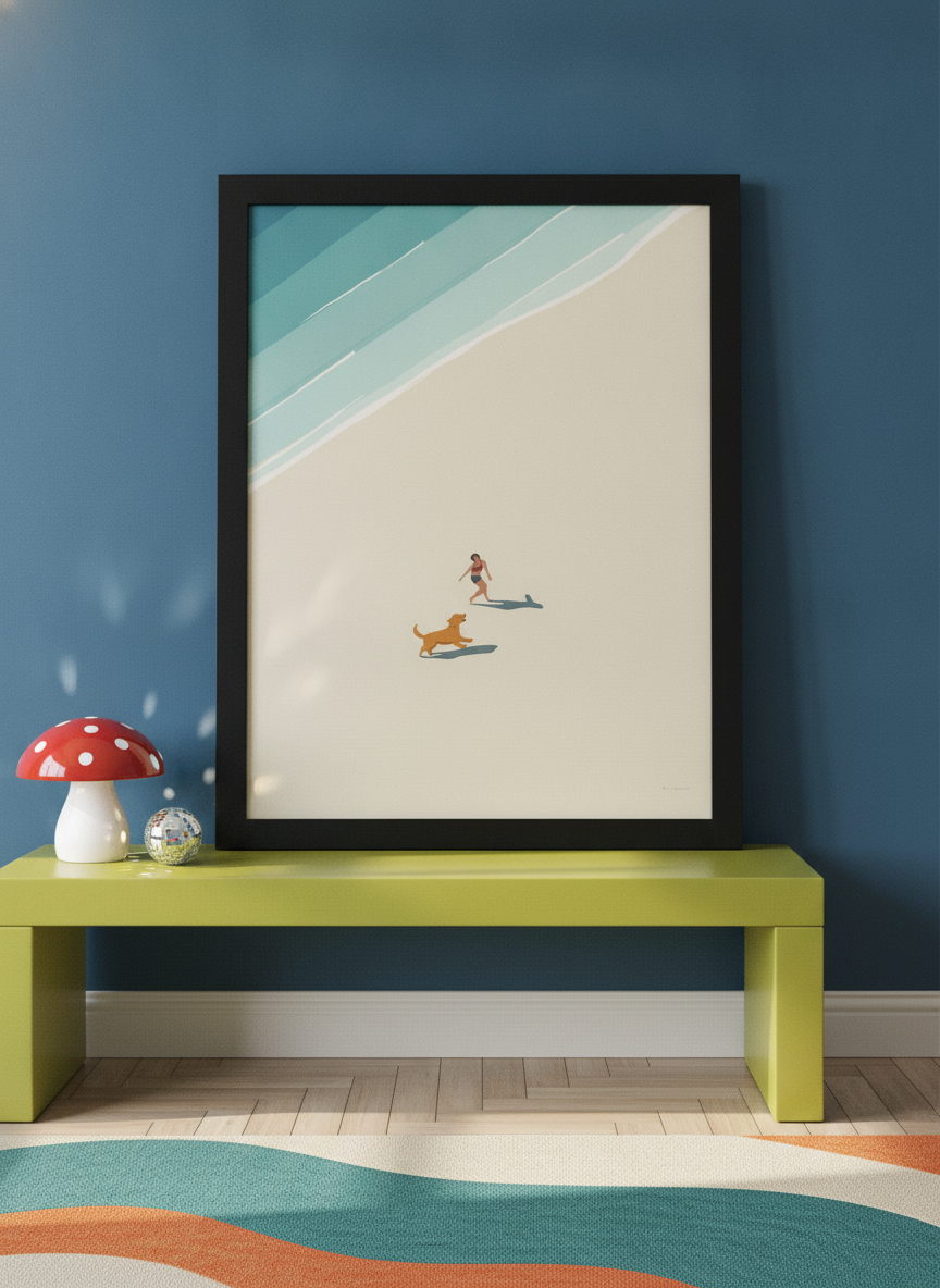 Modern wall art print standing on a side table in a colourful eclectic nursery