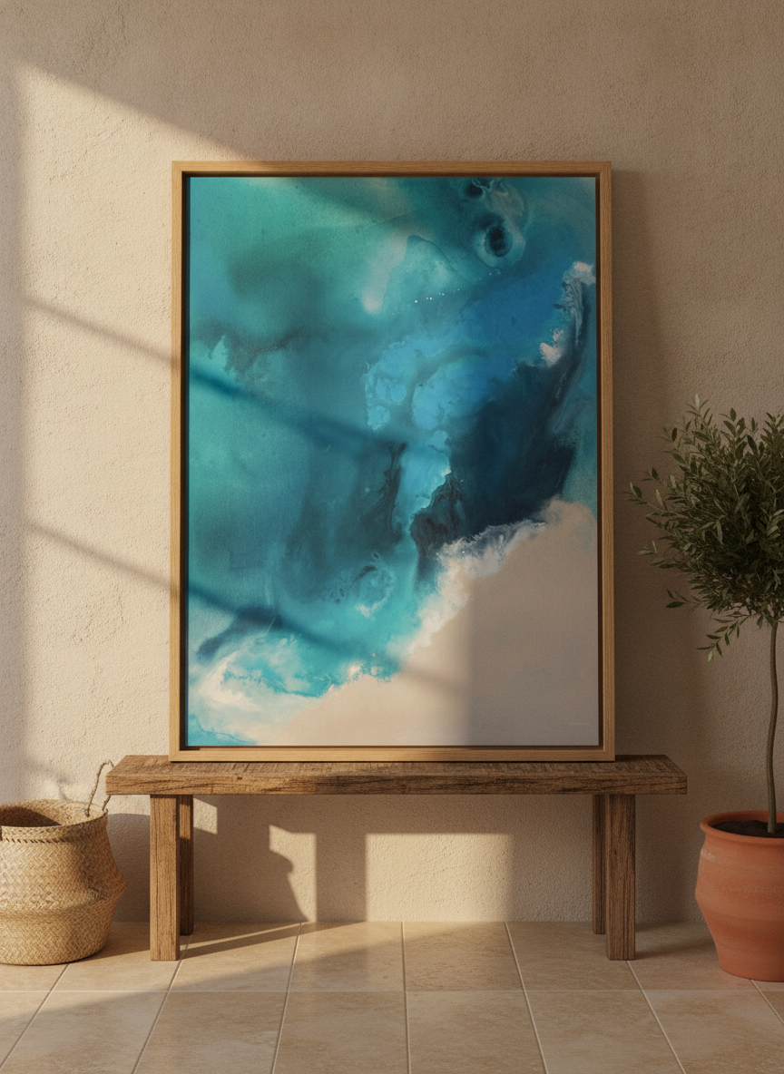 Modern wall art print standing on a bench in a Mediterranean bathroom