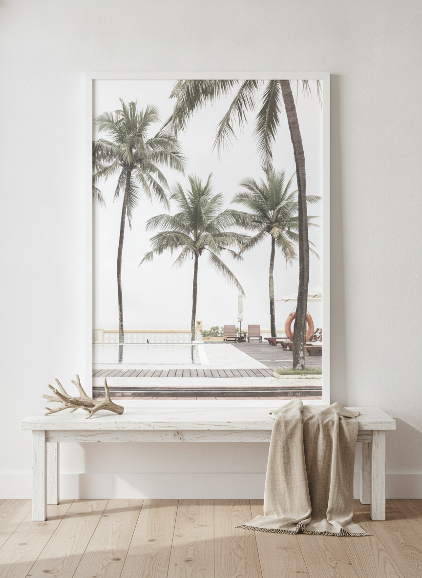 Modern wall art print standing on a console in a coastal bedroom