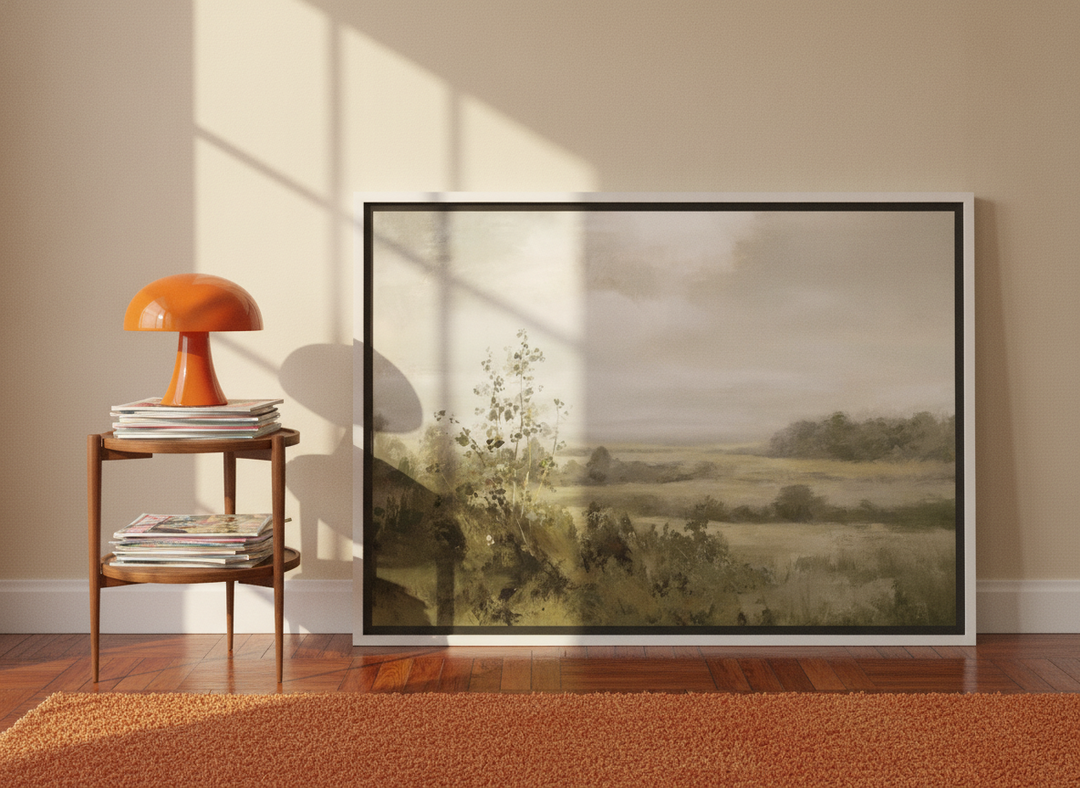 Canvas wall art with a white surround leaning against the wall in a retro 70s bedroom