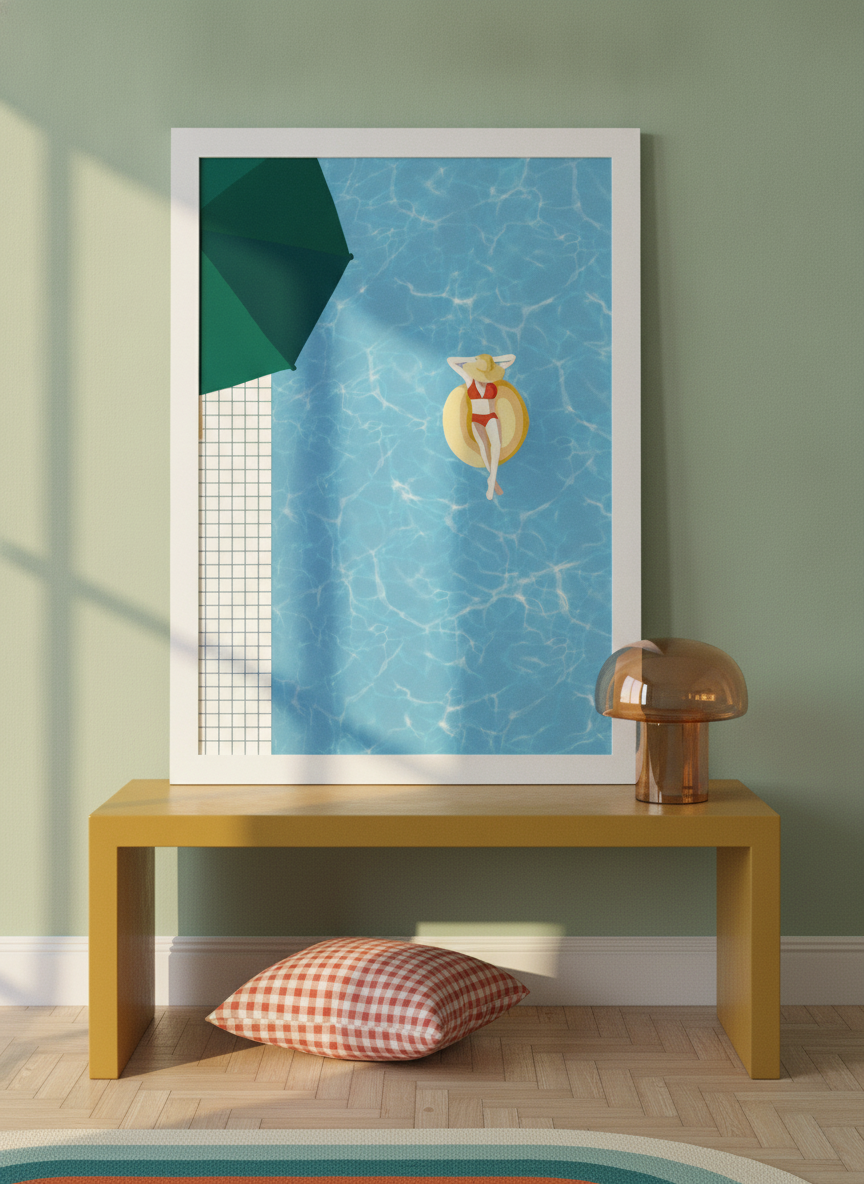 Modern wall art print standing on a side table in a colourful eclectic bedroom