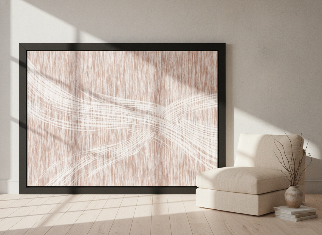 Oversized statement modern wall art print leaning against the wall in a warm Japandi bedroom
