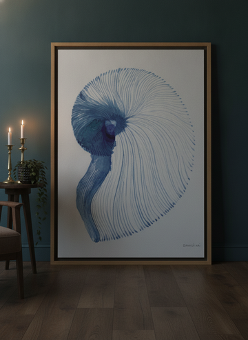 Oversized statement canvas wall art with a natural timber surround leaning against the wall in a moody bedroom