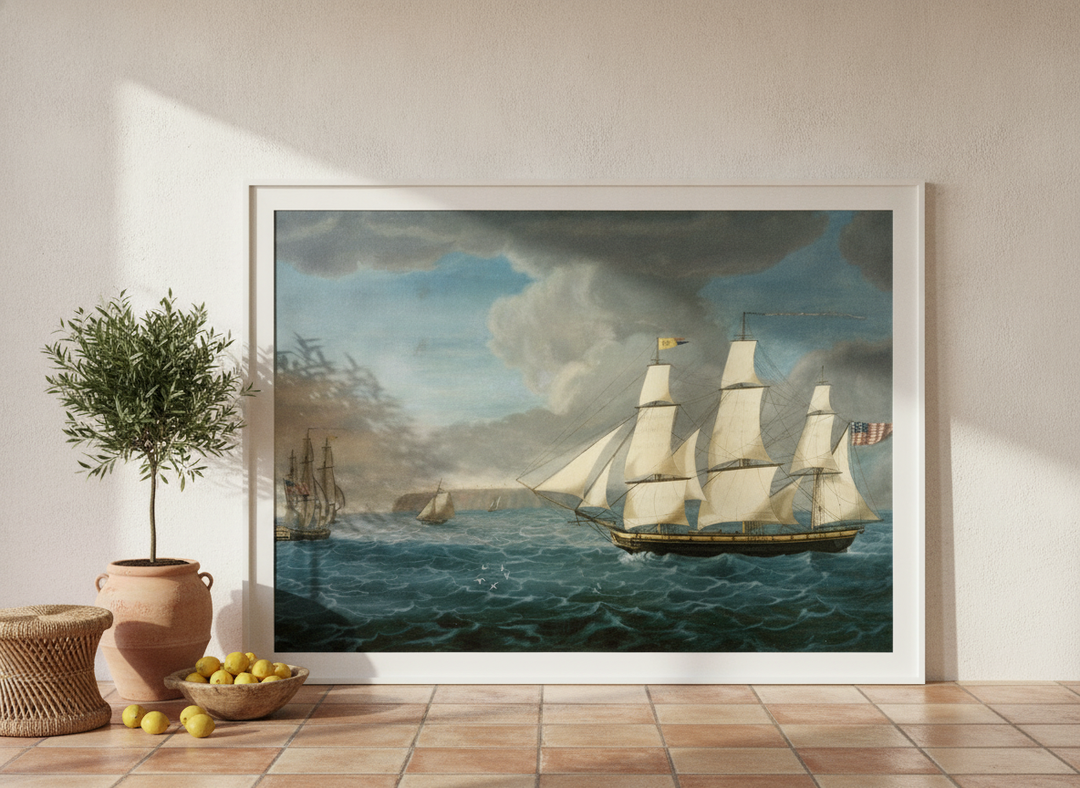Oversized statement modern wall art print leaning against the wall in a Mediterranean dining room
