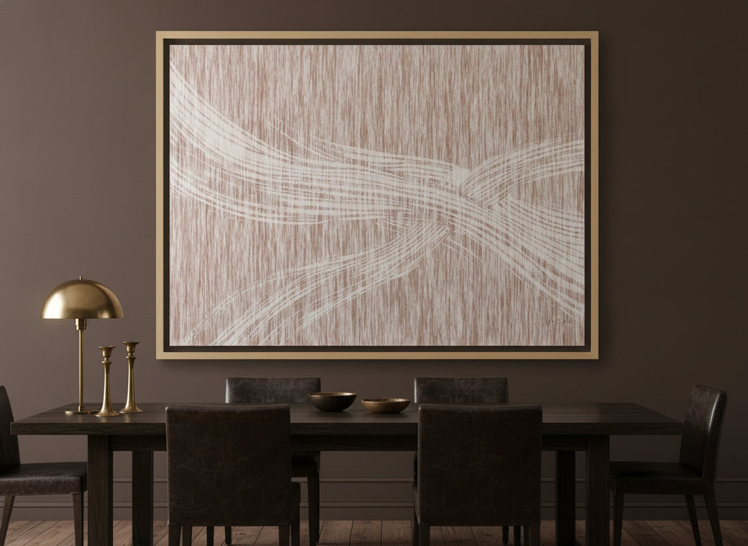 Oversized statement canvas wall art with a natural timber surround styled on the wall in a moody dining room