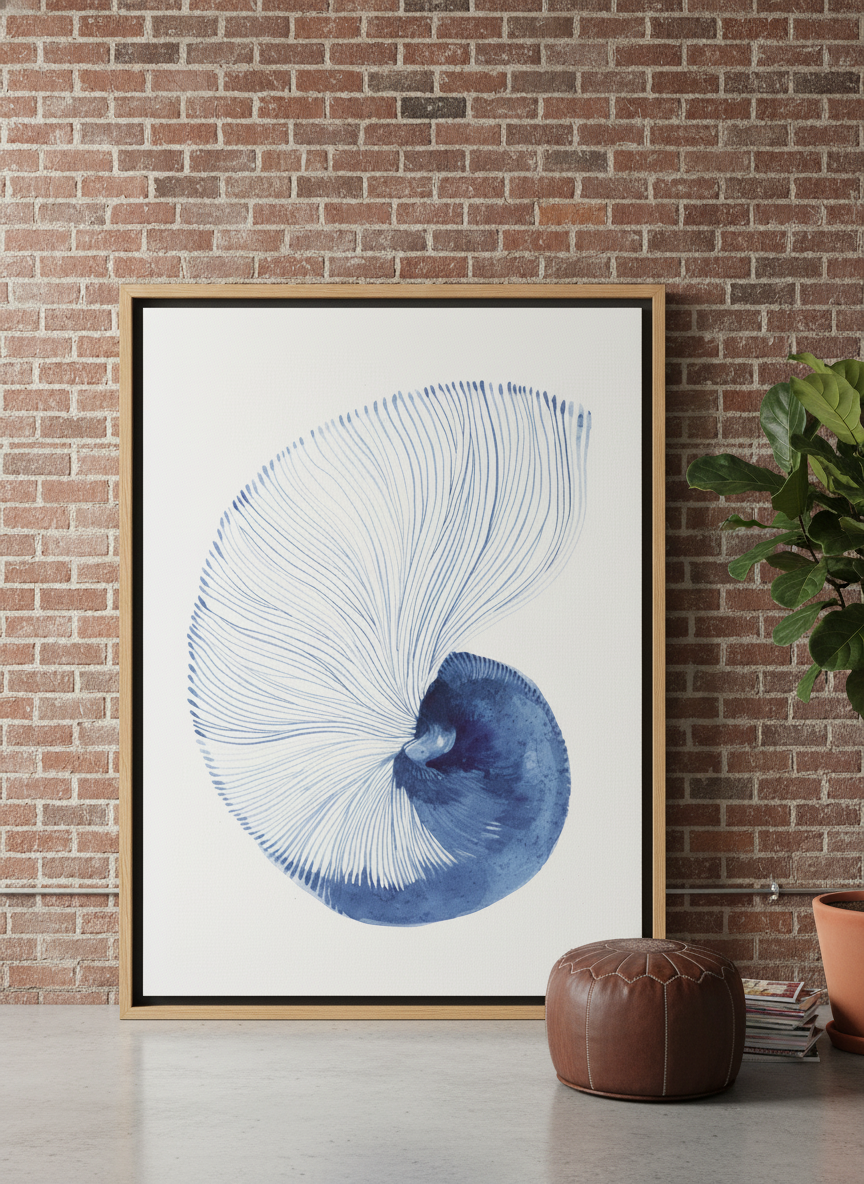 Oversized statement canvas wall art with a natural timber surround leaning against the wall in an industrial loft living room