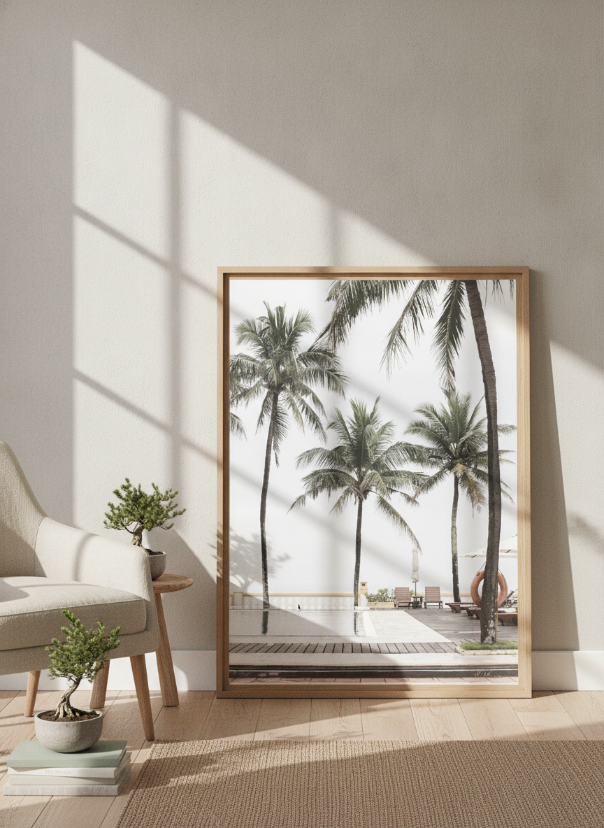 Modern wall art print leaning against the wall in a warm Japandi home office