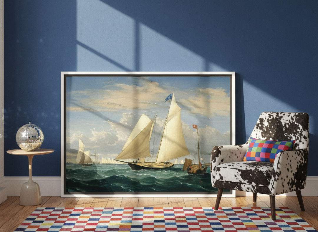 Canvas wall art with a white surround leaning against the wall in a colourful eclectic living room
