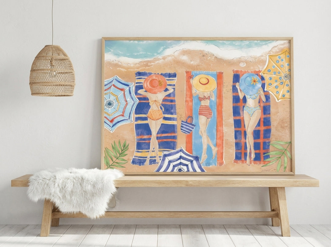 Modern wall art print standing on a bench in a bright Scandinavian bathroom