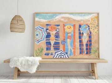Modern wall art print standing on a bench in a bright Scandinavian bathroom