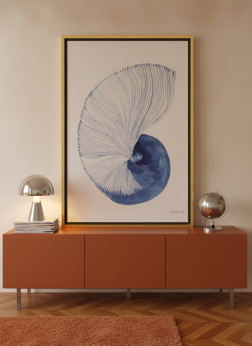 Canvas wall art with a gold leaf surround standing on a sideboard in a retro 70s home office