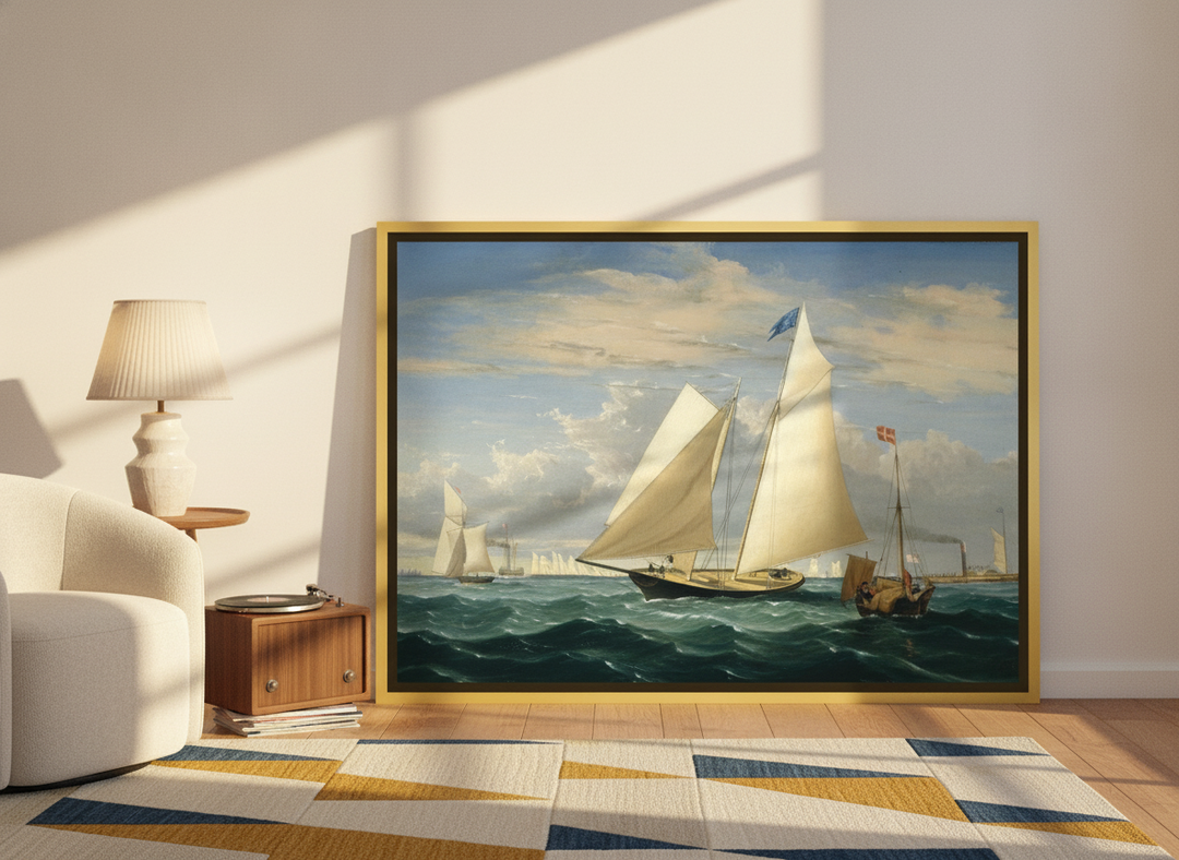 Canvas wall art with a gold leaf surround leaning against the wall in a mid-century home office