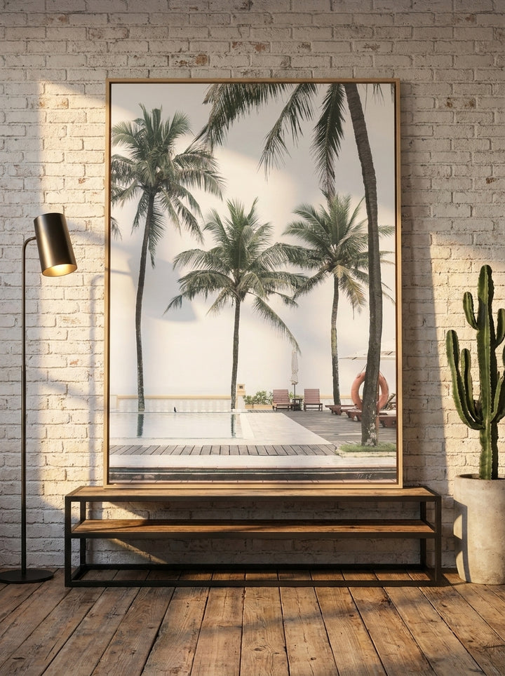 Canvas wall art with a natural timber surround standing on a console in an industrial loft bedroom