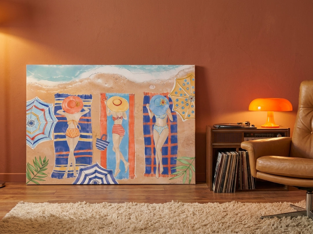 Stretched canvas wall art leaning against the wall in a retro 70s living room