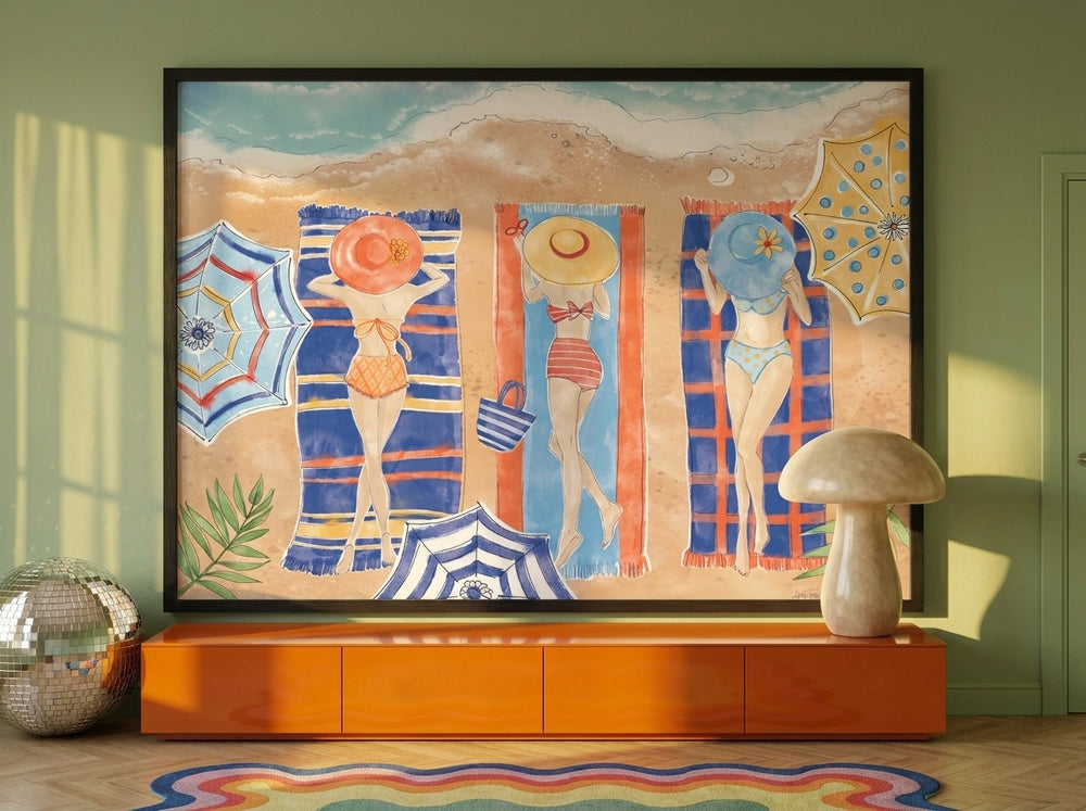 Oversized statement modern wall art print styled on the wall in a colourful eclectic living room