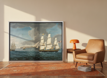 Canvas wall art with a silver leaf surround leaning against the wall in a retro 70s home office
